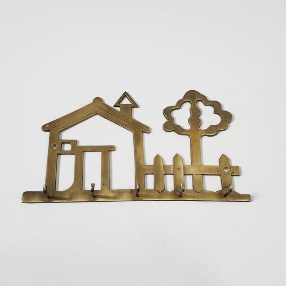 Vintage Brass House Tree Picket Fence Wall Mount Key Holder Rack 5 Hooks Taiwan - Picture 1 of 4